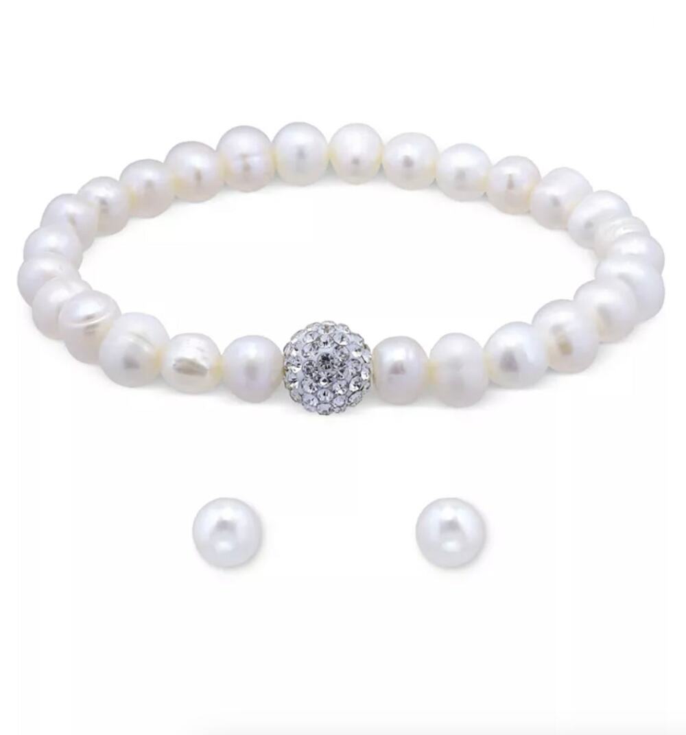 Macys Cultured Freshwater Pearl (7mm) Crystal Bracelet & Earring Set New in Box